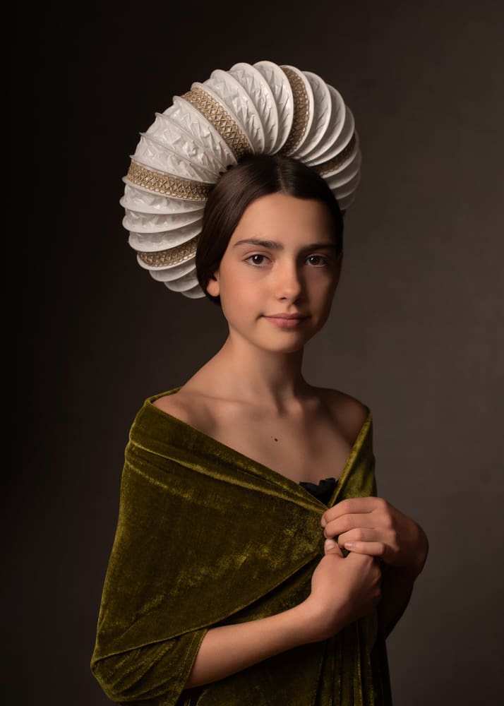 Fine art portrait from the Modern Heirlooms series with Renaissance-inspired headpiece created from everyday materials